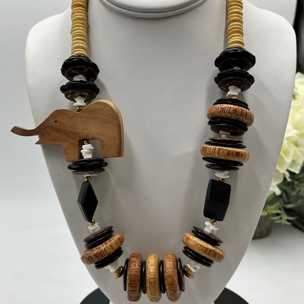 Vintage Handcrafted Hand-carved light dark Wooden Safari Elephant Necklace